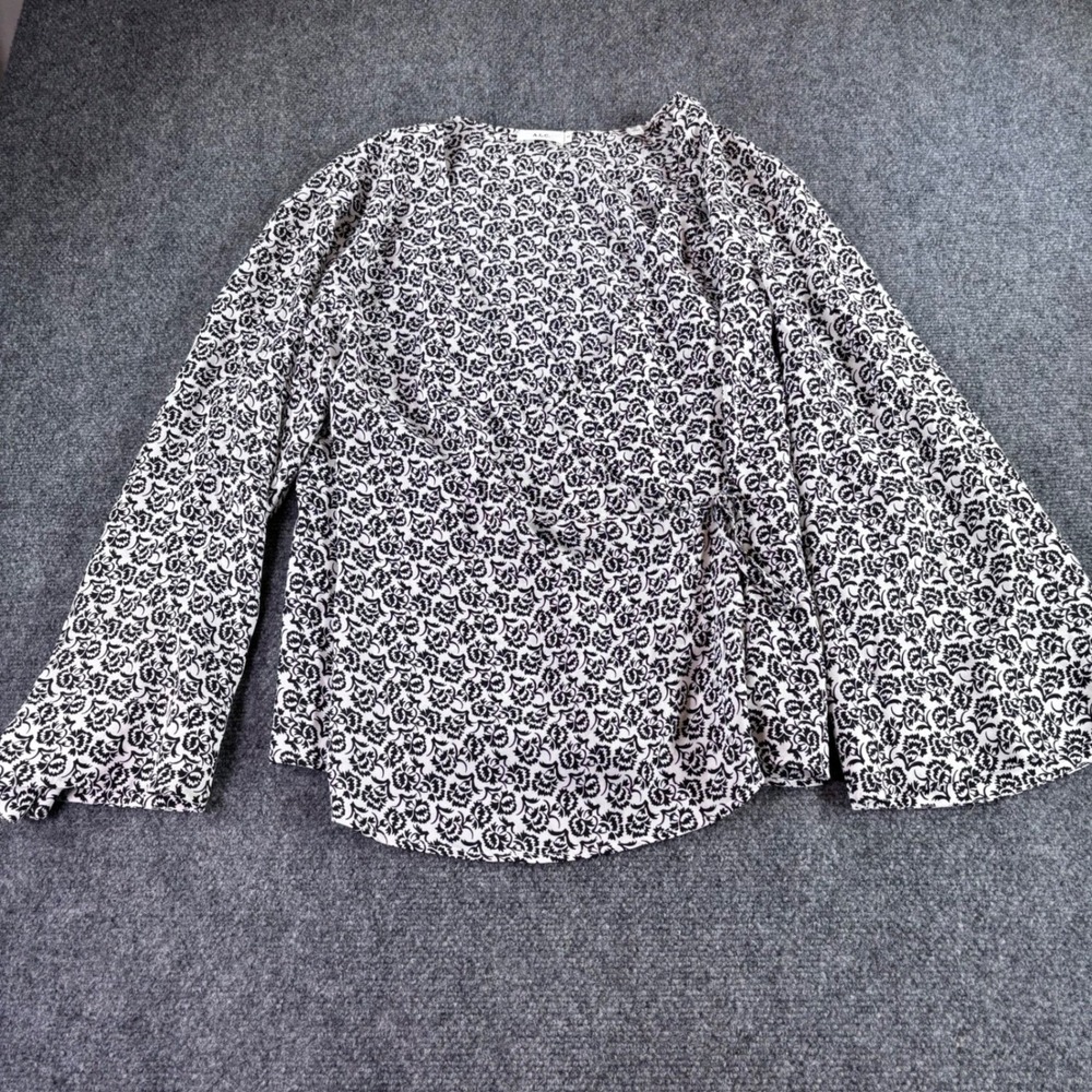 A.L.C. Wrap Blouse Womens 10 Black White Floral Bell Sleeve Damask Tie Top